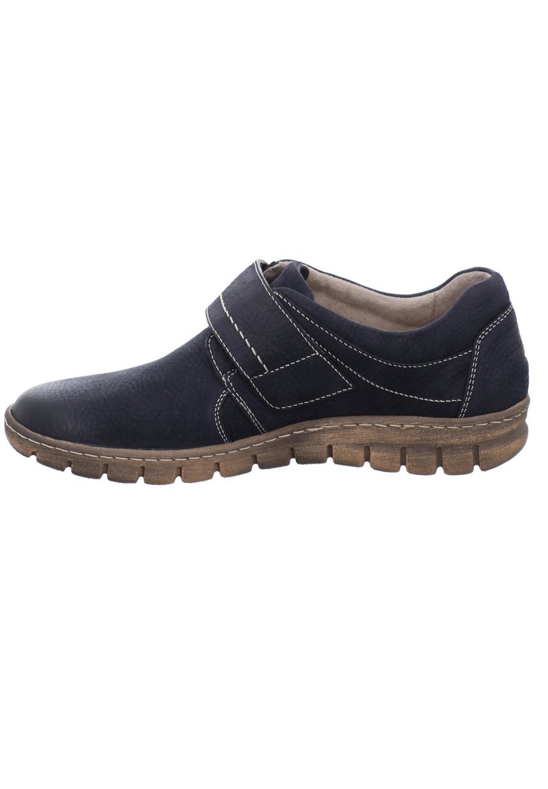 Scarpe sintetiche blu navy con finitura liscia, progettate con una larga fascia e cuciture a contrasto, dotate di suola in gomma texturizzata.