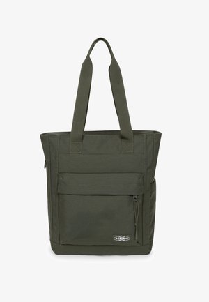 Sac fourre-tout en tissu vert avec deux poignées supérieures, une poche avant, des coutures renforcées et un détail à cordon ajustable sur le côté.