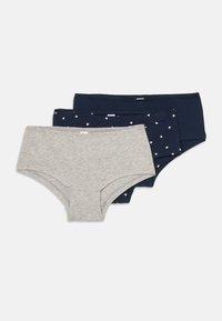 Trois paires de culottes en coton pour femmes : une grise et deux marines avec de petits motifs de cœurs blancs ; taille élastique ; construction sans couture.
