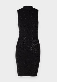 Rochie neagră fără mâneci, cu guler înalt, având un design texturat cu modele complicate decorate cu strasuri negre. Formă ajustată.