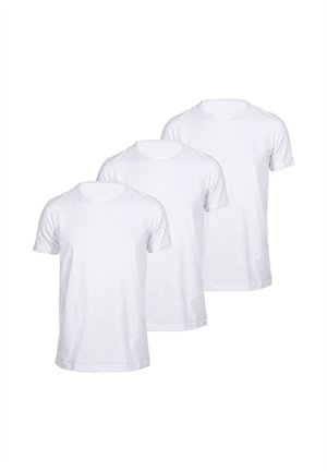 Three plain white short-sleeve crew neck T-shirts arranged in a staggered row on a white background.