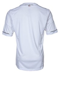 Biała koszulka sportowa z krótkim rękawem, okrągłym dekoltem i czarnymi akcentami na rękawach. Wykonana z lekkiego, gładkiego materiału. Prosty design.