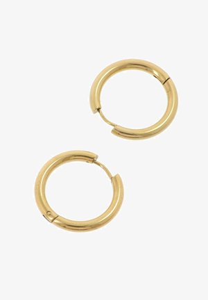 Een paar gladde, glanzende gouden oorringen met een eenvoudige scharnierende sluiting, weergegeven op een witte achtergrond.