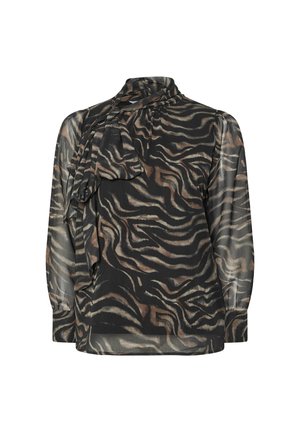 Blouse en tissu léger et transparent avec un motif de rayures de tigre noir et marron. Comprend un détail de cou noué et des manches longues.