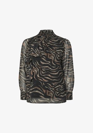 Blusa in tessuto leggero e trasparente con un motivo a strisce di tigre nero e marrone. Include un dettaglio con nodo al collo e maniche lunghe.