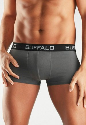 Gray boxer briefs made of stretch fabric with a black waistband displaying "BUFFALO" in white lettering; fitted design emphasizing shape.
