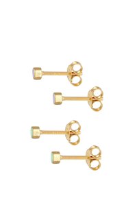 Pendientes de stud en tono dorado con acentos de piedras preciosas redondas y lisas en colores menta y pálidos. Diseño simple con un gancho elegante y cierre de mariposa.