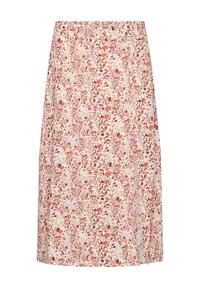 Bloemen midi rok met een crèmekleurige basis, voorzien van rode en roze bloemenpatronen, een zijsplit en een getailleerde taille. Gemaakt van lichtgewicht stof.