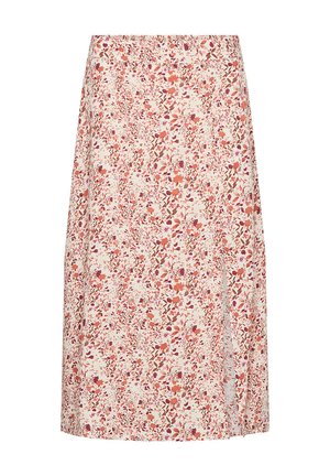 Jupe midi florale avec une base crème, présentant des motifs de fleurs rouges et roses, une fente sur le côté et une taille ajustée. Fabriquée en tissu léger.