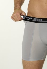 Un uomo tira la vita di boxeur grigi chiari con un logo "nurdie" in bianco e nero, mettendo in mostra i dettagli del tessuto e della vestibilità.