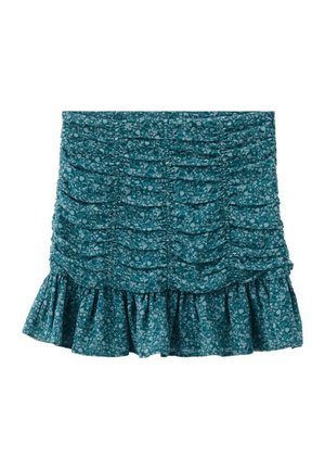 Minigonna turchese con motivo floreale, tessuto arricciato e orlo con ruches.
