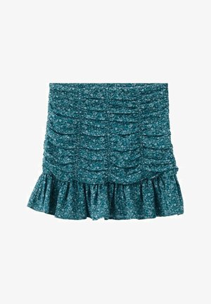 Tyrkis mininederdel med blomsterprint, rynket stof og flæsekant.