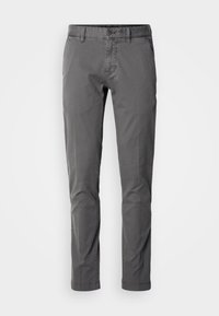 Pantalon décontracté gris slim-fit pour homme avec passants de ceinture, fermeture par bouton et poches latérales, présenté sur fond blanc.