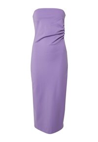 Strapless paarse midi-jurk met een aansluitend lijfje en geplooide details aan één zijde, gemaakt van gladde, rekbare stof.