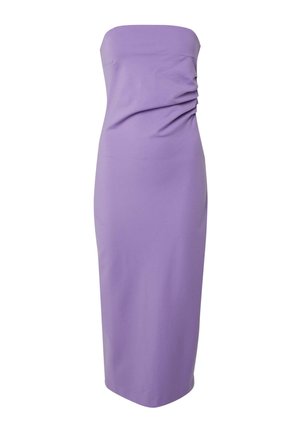 Strapless purple midi dress with a fitted bodice and gathered detailing on one side, made from smooth, stretchy fabric.