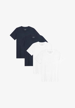 Tre t-shirt a maniche corte in blu navy e bianco, realizzate in cotone, con un design classico a girocollo e una texture liscia.