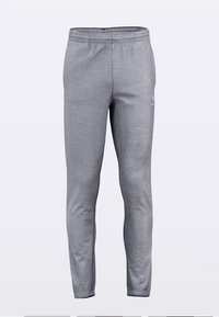 Szürke sportnadrág puha anyagból, rugalmas derékpánttal és szűkített szárakkal. Minimalista kialakítás látható minták nélkül.