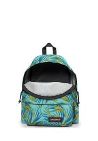 Sac à dos bleu et vert avec un motif de feuilles tropicales, doublure intérieure noire, fermeture à cordon et poignée de transport supérieure.