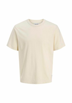 Hellbeige Baumwoll-T-Shirt mit rundem Halsausschnitt, kurzen Ärmeln und lockerer Passform. Mit minimalistischer Markenkennzeichnung nahe dem Saum. Glatte Textur.