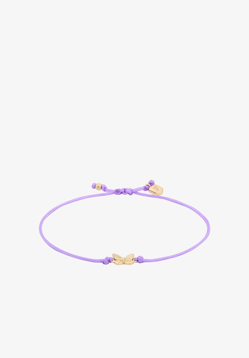 Bracelet en cordon violet avec un pendentif papillon en or orné d'un petit diamant décoratif. Fermeture ajustable avec des détails en nœud.