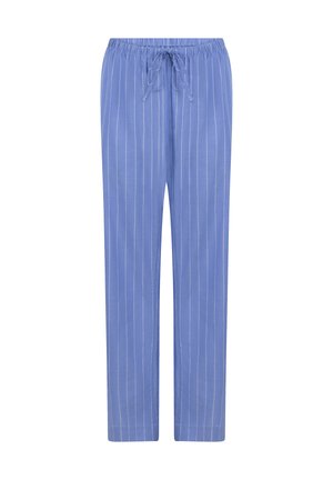 Lichtblauwe katoenen loungebroek met witte verticale strepen. Voorzien van een elastische tailleband met trekkoord en een rechte pijp.
