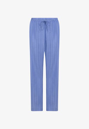 Light blue cotton lounge pants with white vertical stripes. Features an elastic waistband with a drawstring and straight-leg design.