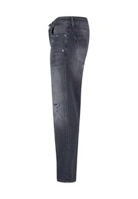 Tummanharmaat farkut slim fit -mallilla, joissa on haalistunut pinta, kuluneet yksityiskohdat ja tavalliset taskut. Siisti helma nilkassa.
