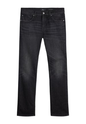 Jeans in denim nero con taglio dritto, caratterizzati da un classico design a cinque tasche, leggera scoloritura e chiusura in metallo in vita.