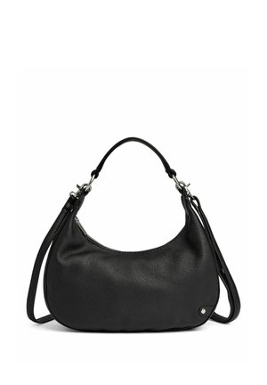 Mustast tekstuuritud nahast käekott lühikese sangaga ja eemaldatava pika rihmaga, hõbedaste detailide ja pealmise tõmblukuga sulgemisega.