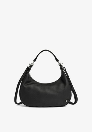 Sac à main en cuir noir texturé avec poignée courte et bandoulière longue amovible, équipé de ferrures argentées et d'une fermeture éclair supérieure.