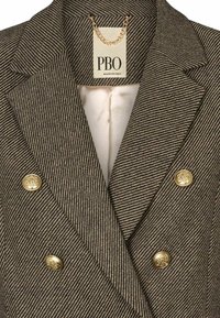 Blazer rayé marron et beige avec des boutons décoratifs dorés et une étiquette crème à l'intérieur du col indiquant PBO Philosophy Blues Original.