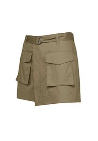 Gonna cargo khaki con cintura larga, due grandi tasche laterali e taglio dritto. Realizzata in tessuto resistente con una texture liscia.