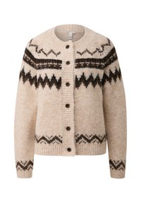 Beige Wollcardigan mit strukturierter Oberfläche, Rundhalsausschnitt und dunkelbraunen Zickzackmustern. Mit Knöpfen auf der Vorderseite geschlossen.