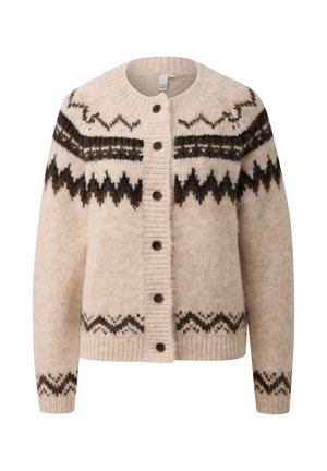 Beige wool cardigan featuring a textured finish, round neck, and dark brown zigzag patterns. Fastened with buttons down the front.