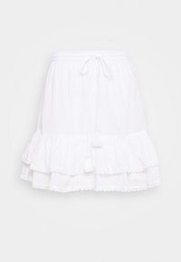 Valkoinen puuvillainen kerroksellinen hame, jossa on pitsireunus, joustava vyötärö ja nyörikiinnitys. Ominaisuuksiin kuuluu kerroksellinen röyhelödesign ja pehmeä rakenne.