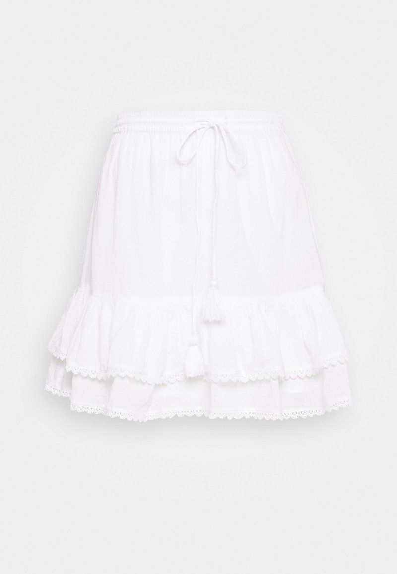 Valkoinen puuvillainen kerroksellinen hame, jossa on pitsireunus, joustava vyötärö ja nyörikiinnitys. Ominaisuuksiin kuuluu kerroksellinen röyhelödesign ja pehmeä rakenne.