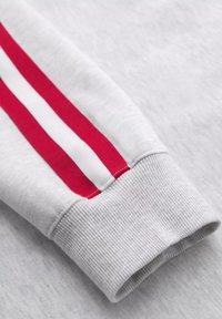 Polsino di felpa grigia con strisce verticali rosse e bianche, texture a coste e finitura in tessuto liscia.