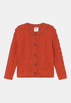 Cardigan de punto color naranja óxido con botones al frente, patrones texturizados y mangas largas, adecuado para niños.
