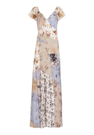 Maxikleid aus Blumenstoff mit kurzen, flatternden Ärmeln, präsentiert ein Patchwork-Design in Creme-, Blau- und Beigetönen, mit verschiedenen Blumenmustern.