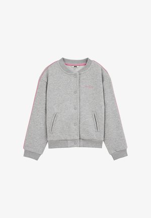 Sweat-shirt gris avec une patte de boutonnage à l'avant, des poignets et un ourlet côtelés. Présente des rayures roses le long des épaules et des poches latérales. Matière douce en mélange de coton.