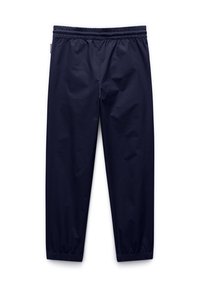 Pantalones deportivos de color azul marino, ligeros, con cintura elástica y puños elásticos en los tobillos. Textura suave, diseño minimalista.