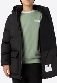 Chaqueta acolchada negra con capucha, que presenta un cierre de cremallera en el frente, dos bolsillos laterales y un interior de forro polar. Lleva encima un sudadera de color verde claro.