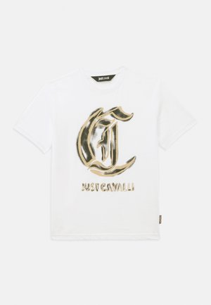 Hvit bomull t-skjorte med et stort gull- og svart logo-design med teksten "JUST CAVALLI" under. Korte ermer og rund hals.