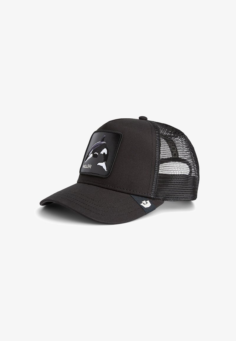 Black cap with a solid front and mesh back. Features a square patch with a killer whale graphic. Curved visor and adjustable strap.