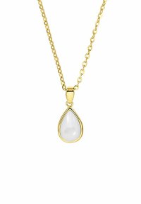 Złoty naszyjnik z białym wisiorkiem w kształcie kropli. Łańcuszek ma projekt ogniw z polerowanym wykończeniem. Wisiorek jest otoczony złotymi akcentami.