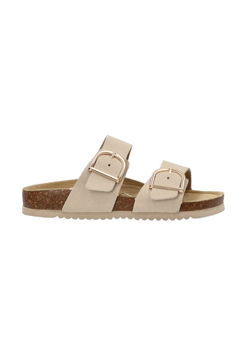 Sandalias beige de dos correas con hebillas ajustables, plantilla de corcho y suela de goma texturizada. Diseño plano adecuado para uso casual.