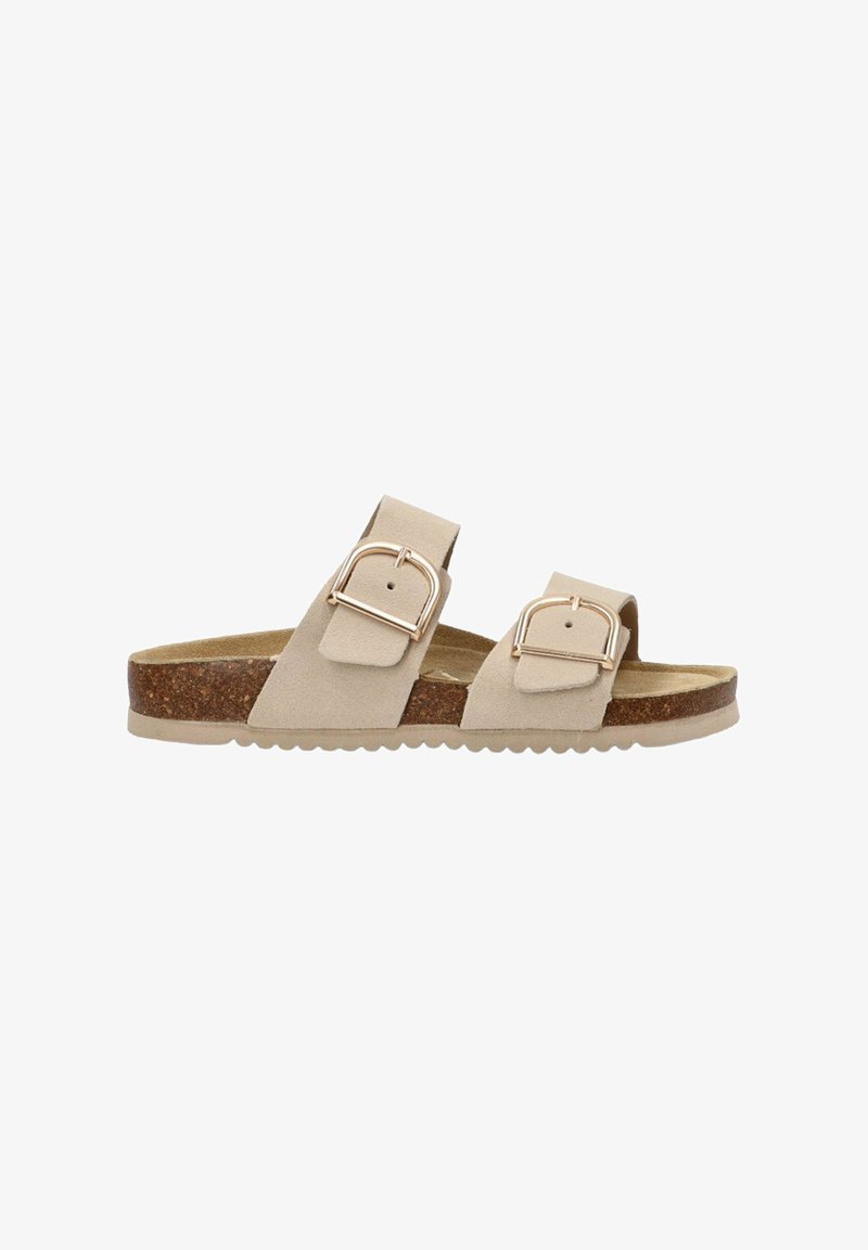 Sandalias beige de dos correas con hebillas ajustables, plantilla de corcho y suela de goma texturizada. Diseño plano adecuado para uso casual.