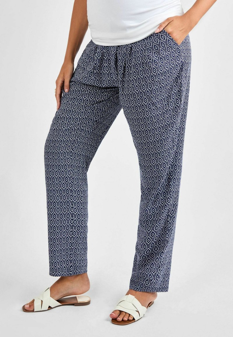 Pantaloni blu navy con motivo a rombi, realizzati in tessuto leggero, con vita elastica e tasche laterali.