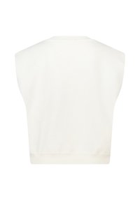 Vista posterior de un chaleco corto sin mangas de color blanco roto, con escote redondo y dobladillo acanalado.