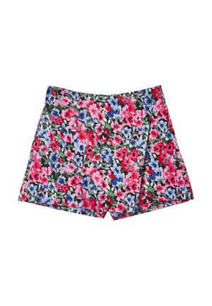 Gemusterte Shorts mit einem lebendigen Blumendesign in Pink, Blau und Grün auf einem schwarzen Hintergrund. Hergestellt aus einem leichten Stoff.